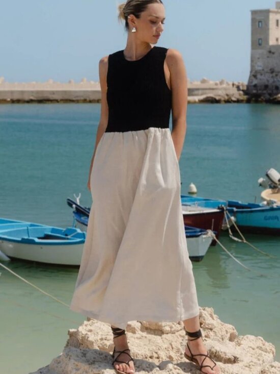 PrettyGarden Dresses & Skirts - New Oatmeal & Black Contrast Bodice Midi Dress